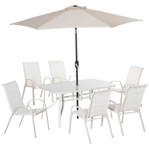 Outsunny Set da Giardino 8 Pezzi con Sedie, Ombrellone e Tavolo con Piano in Vetro