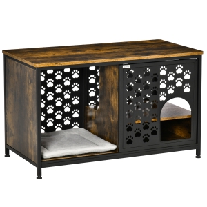 PawHut Casa para Gatos de Madera con Mesita Superior y Estantes de Almacenaje Cueva Cama para Gatos con Cojín Lavable y Puerta Corredera Acero 101x52x60 cm Marrón Rústico