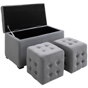 HOMCOM 3-delige bank met opbergruimte 2 x poef stoffering poef zitbank opbergbox voetenbank opvouwbaar belastbaar tot 130 kg microfiber schuim materiaal op houtbasis lichtgrijs 75x40x42 cm