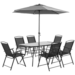 Outsunny Mobili da Giardino Set 8 Pezzi con Tavolo, Sedie Pieghevoli e Ombrellone per Esterni Grigio e Nero