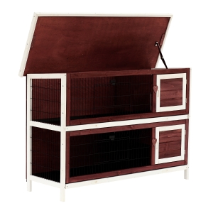 PawHut Conejera de Madera Exterior de 2 Niveles Jaula para Conejos Cobayas con Techo Asfáltico Abatible 4 Puertas y Bandejas Extraíbles 136,4x50x93 cm Marrón Rojizo