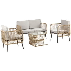 Outsunny Set da 4 Pezzi in Rattan PE, 2 Sedie, Divano 2 Posti e Tavolino in Vetro Temperato