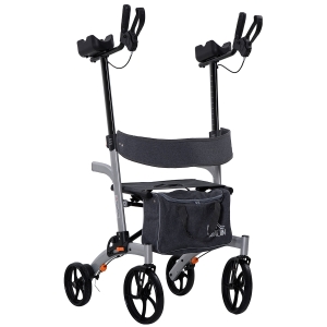 HOMCOM Andador para Idosos Dobrável de Alumínio com Altura Ajustável Assento 4 Rodas Freios Manuais Apoio para os Braços e Bolsa para Pessoas Maiores 73x64x106-136cm Cinza