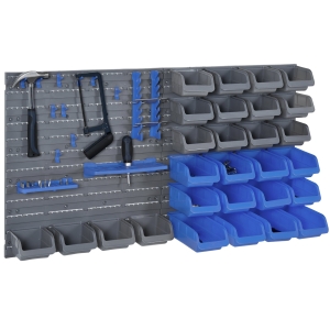 DURHAND Wandregal mit Stapelboxen 44 tlg Werkzeuglochwand Werkzeughalter Werkzeugwand für Werkstatt Sichtlagerkästen Hakenset PP Blau+Grau 63,5x22,5x95,5 cm