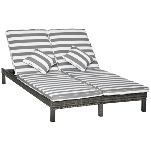 Outsunny dubbel ligbed met verstelbare rugleuning, rotan look, grijs+wit, 196 x 120 x 28 cm