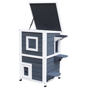 PawHut® kattenhuis 2 verdiepingen kattenvilla met trappen asfaltdak raam vurenhout grijs 51 x 51 x 81,3 cm | Aosom.de