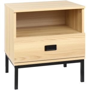 HOMCOM Table de chevet table de nuit dim. 45L x 39P x 50H cm 1 tiroir pieds métal noir et panneaux de particules
