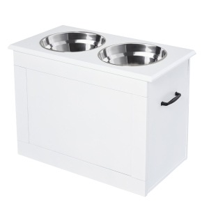PawHut Hunde Fressnapf mit Staumraum 2 Näpfen Futterstation Edelstahlnapf Katzenapf MDF Edelstahl Weiß 60 x 30 x 41 cm