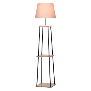 HOMCOM Leuchtständer mit 3 Regalen, Stehlampe, Standleuchte,Stehleuchte,Kautschukholz, Leinen, Metall, Natur, Schwarz, Beige, 40 x 40 x 160 cm