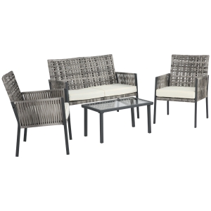 Outsunny Ensemble salon de jardin contemporain 4 pièces 4 personnes avec canapé 2 places, fauteuils et table basse plateau verre trempé métal