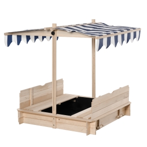 Outsunny Caixa de Areia de Madeira para Crianças acima de 3 Anos com Banco e Toldo Ajustável Carga 50kg 106x106x121cm Madeira
