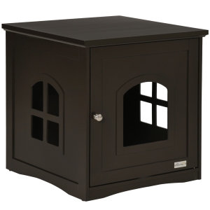 PawHut Casa para Gatos de Madera Mueble Arenero para Gatos 2 en 1 con Armario de Almacenaje Encimera Amplio Puerta y 3 Ventanas Cruzadas 48,7x53,3x53 cm Café