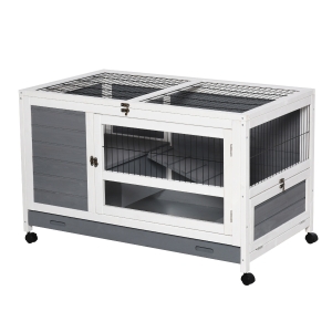 PawHut Kleintierstall mit Rädern Doppelstöckiger Massivholz Grau+Weiß 102 x 60 x 63,5 cm