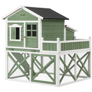 PawHut Gallinero de Madera Exterior Jaula para 2 Gallinas con Corral de Alambre Jardinera para Cultivo Nido Techo Asfáltico Bandeja Extraíble y Rampa 110x109x124 cm Verde
