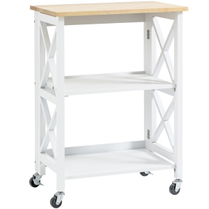 HOMCOM Desserte chariot de cuisine pliant avec 2 étagères, roulettes et plan de travail en bois hévéa - 60 x 40 x 84 cm - blanc