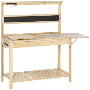 Outsunny plantentafel tuintafel met 8 haken ladeplank bloementafel van hout voor tuinterras naturel 151 x 45,5 x 143 cm