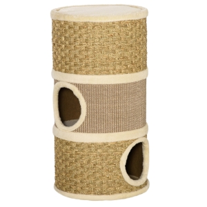 PawHut Barril de arranhar para gatos com 3 níveis com plataforma cama confortável e espigões de 37,5x37,5x70 cm Marrom claro e bege