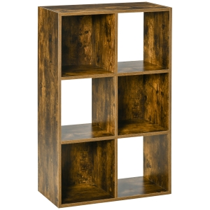 HOMCOM Estante para Livros Estante de Madeira de 3 Níveis com 6 Compartimentos de Armazenamento com Anti-Rolamento para Escritório Estúdio Sala de Estar 60x30x93cm Marrom Rústico