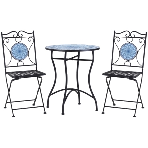 Outsunny Set da Giardino 3 Pezzi, Tavolino e 2 Sedie Pieghevoli con Mosaico, Blu