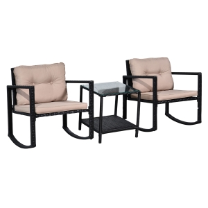 Outsunny 2 Seater Rattan Rocking Set W/Cushion-Black/Beige