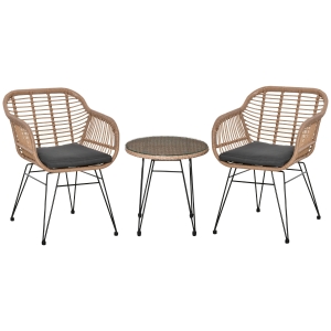 Outsunny Set Mobili da Giardino in Rattan PE, 2 Sedie con Cuscini e Tavolino con Ripiano in Vetro, Grigio