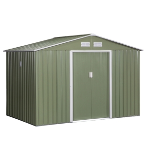 Outsunny Cobertizo de Jardín Exterior Caseta de Jardín Metálica para Almacenamiento de Herramientas con Base Incluida y 4 Ventanas 5,2 m² 277x195x192 cm Verde Claro
