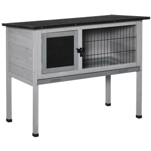 PawHut Elevated Fir Wood Rabbit Hutch Tray Openable Asphalt Roof Outdoor Pet Cage Grey