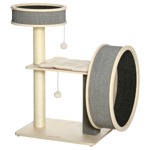 PawHut Árbol Rascador para Gatos Mediano Altura 91 cm Torre Escalador Gatos con Rueda para Ejercitar Cama Plataforma Cojines Poste de Sisal y Bolas de Juguete Gris y Crema