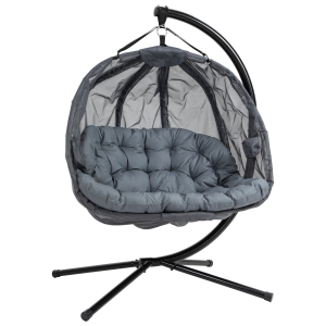 Outsunny Double Hanging Egg Chair 2 Seaters Swing Hammock Chair with Stand, Cushion and Folding Design, for Indoor and Outdoor, Grey