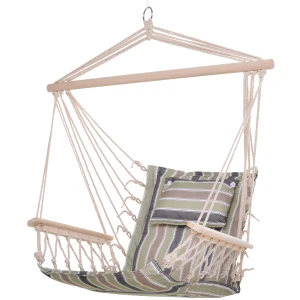 Outsunny Hanging Hammock Chair, Outdoor Garden Rope Swing with Wooden Arms, Wide Safe Seat, Stylish Multicoloured Stripes