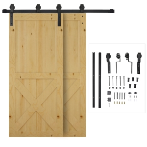HOMCOM 200CM Carbon Steel Sliding Barn Door Kits Hardware Closet Set Track System for Double Wooden Door Industrial Wheel Style Roller
