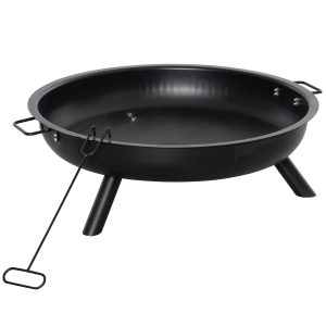 Outsunny Brasero Exterior 90x79,5x28 cm Cuenco de Fuego con Asas de Transporte Atizador 3 Pies y Marco de Acero para Hogueras Leñas Terraza Jardín al Aire Libre Negro