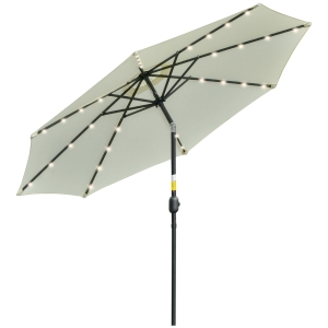 Outsunny Sombrilla de Jardín con 32 Luces LED Solares Ø265x233 cm Parasol Inclinable con Manivela y Poste de Acero para Terraza Patio Exterior Beige