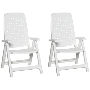 Outsunny Folding Dining Chairs, Set of 2 Plastic Reclining Armchairs with 4-Position Backrest for Indoor & Outdoor, White
