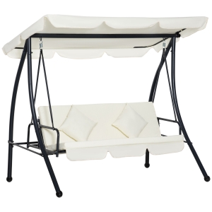Outsunny Columpio Balancín Jardín de 3 Plazas Convertible en Cama con Techo Ajustable Cojín Acolchado y Almohadas para Balcón Terraza Carga 340 kg Acero 200x125x170 cm Crema