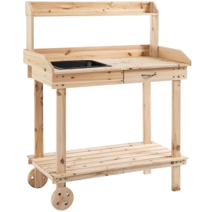 Outsunny Wooden Potting Bench Work Table with 2 Removable Wheels, Sink, Drawer & Large Storage Spaces, 92x45x119cm Wheels Drawer