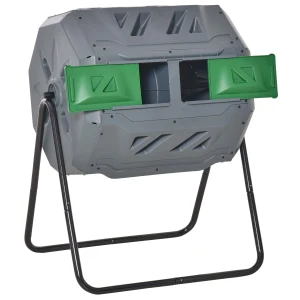 Outsunny 160L Tumbling Compost Bin Outdoor Dual Chamber 360Â° Rotating Composter w/ Sliding Doors & Solid Steel Frame, Grey