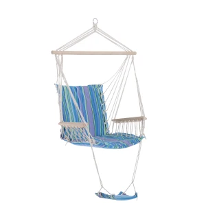 Outsunny Garden Yard Patio Swing Seat, Outdoor Hammock Hanging Rope Chair, Wooden with Footrest Armrest, Cotton Cloth, Blue