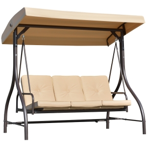Outsunny Balancelle de jardin convertible 3 places grand confort avec coussins toit réglable dim. 197L x 120l x 180H cm métal polyester kaki