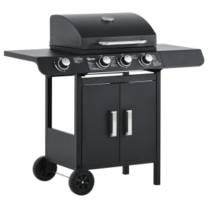 Outsunny Barbecue a Gas con Coperchio, 4 Bruciatori da 11.6kW, Fornello, Mensola e 2 Ruote, 110x50x100cm Nero