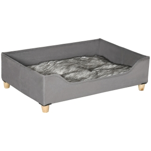 Culcus pentru Caini Inaltat PawHut cu Perna Lavabila, Patut pentru Caini Capitonat din Lemn si Plus, 81Lx56x23,5cm, Gri