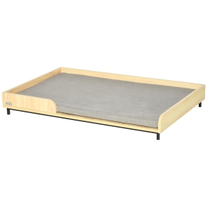 Culcus pentru Caini Inaltat PawHut cu Perna Detasabila si Lavabila, Patut pentru Caini Picioare din Lemn si Otel, 110x70x15,5 cm, Stejar si Gri