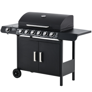 Outsunny Gratar pe Gaz cu Capac, 7 Arzatoare de 20 kW in total si Arzator Lateral, Termometru, Raft si 2 Roti, 135x50x100cm Negru