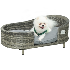 PawHut Elevated Wicker Dog Sofa, Rattan Cat Bed Hand Woven with Soft Cushion, Washable Cover, for Small & Medium Dog, 75 x 42 x 29 cm, Grey