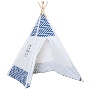 HOMCOM Cort Indian pentru Copii cu Usa si Fereastra, Cort Teepee pentru Casa si Gradina, Varsta 3-6 Ani, Alb si Albastru inchis