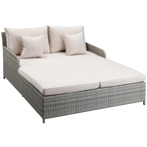 Outsunny Sezlong de Gradina 2 Locuri din Ratan PE, Structura din Otel cu Cotiere si Perne Captusite, 158x134x70cm, Gri