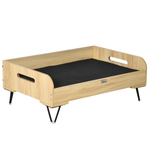 Culcus pentru Caini Inaltata PawHut cu Perna Detasabila si Lavabila, Patut pentru Caini cu 2 Manere din Otel si Lemn, 82x56x31,5 cm, Negru
