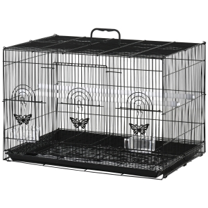 PawHut Jaula para Pájaros 60x41x41 cm Pajarera de Metal con Comederos 2 Perchas 3 Puertas y Asa de Transporte para Pájaros Pequeños Canarios Cotorras Negro