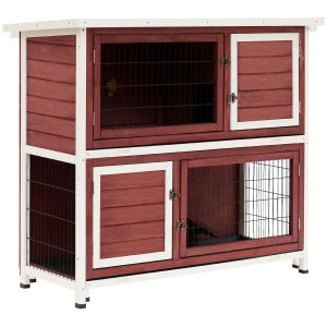 PawHut Cage clapier lapin extérieur 2 étages villa enclos pour aminaux 4 portes verrouillables 2 plateaux coulissants rampe d'accès toit ouvrant dim.122L x 50l x 104H cm bois sapin rouge brique blanc