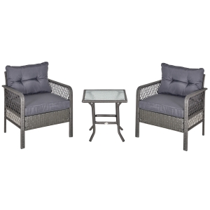 Outsunny Conjunto de Muebles de Ratán 3 Piezas de Jardín 2 Sillones 65x66x75 cm y Mesa de Vidrio Templado 50x50x50 cm con Cojines Acolchados para Terraza Patio Gris